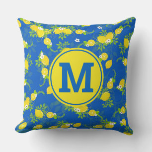 Summery Blue and Yellow Lemons Floral Pattern Throw Pillow