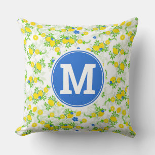 Summery Blue and Yellow Lemons Floral Pattern Throw Pillow