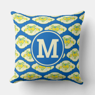 Summery Blue and Yellow Lemons Floral Pattern Throw Pillow