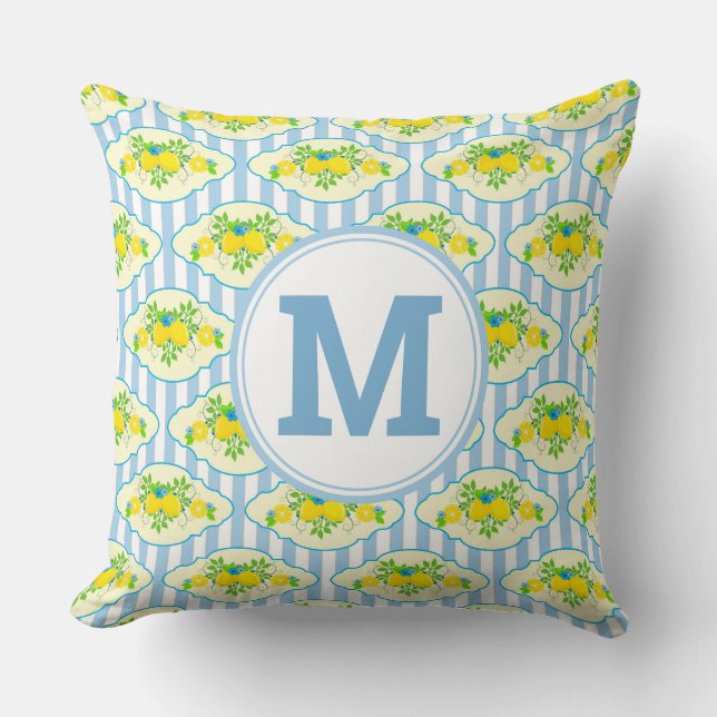 Summery Blue and Yellow Lemons Floral Pattern Throw Pillow (Front)