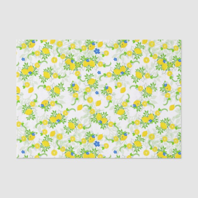 Summery Blue and Yellow Lemons Floral Pattern Tissue Paper (Front)
