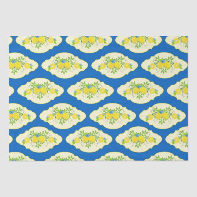Summery Blue and Yellow Lemons Floral Pattern Tissue Paper (Front)
