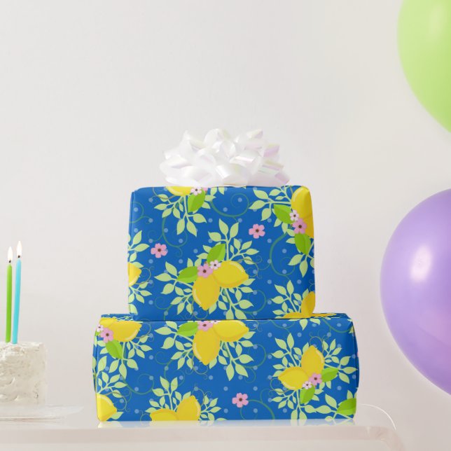 Summery Blue and Yellow Lemons Floral Pattern Wrapping Paper (Party Gifts)