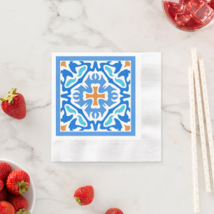 Summery Blue Geometric with Orange Accent Napkin