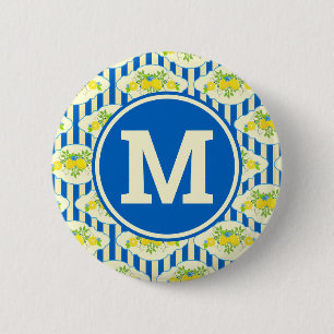 Summery Blue Stripes & Lemons and Leaves Pattern 2 Inch Round Button