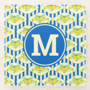 Summery Blue Stripes & Lemons and Leaves Pattern Glass Coaster