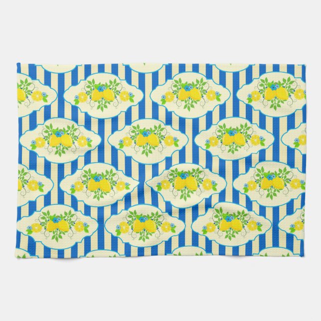 Summery Blue Stripes & Lemons and Leaves Pattern Kitchen Towel (Horizontal)