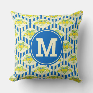 Summery Blue Stripes & Lemons and Leaves Pattern Throw Pillow
