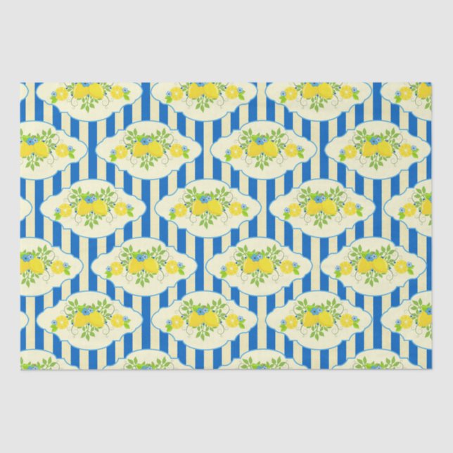 Summery Blue Stripes & Lemons and Leaves Pattern Tissue Paper (Front)
