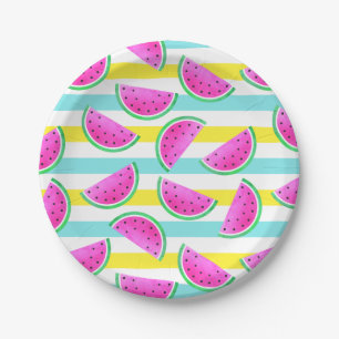 Summery Colourful Striped Watermelons Pattern Paper Plate