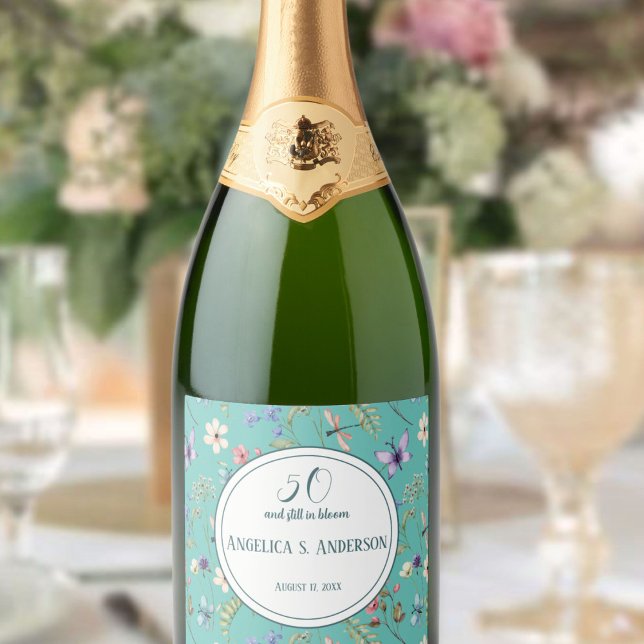 Summery Custom Light Teal Wildflower pattern Sparkling Wine Label (Creator Uploaded)