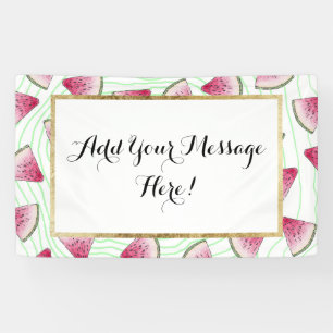 Summery Cute Watercolor Watermelons on Green Swirl Banner