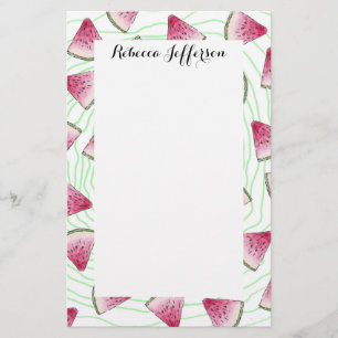 Summery Cute Watercolor Watermelons on Green Swirl Stationery
