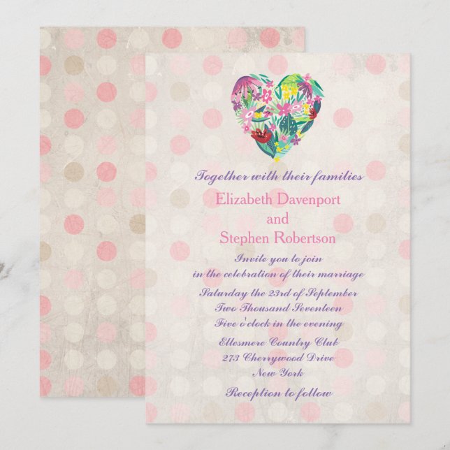 Summery Floral Heart in Pink and Green Wedding Invitation (Front/Back)