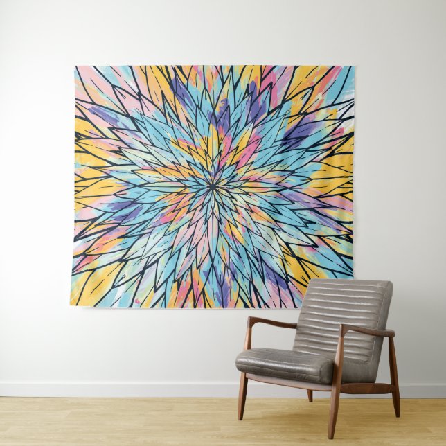 Summery Yellow Pink Floral Painted Line Art Tapestry (In Situ (Horizontal))