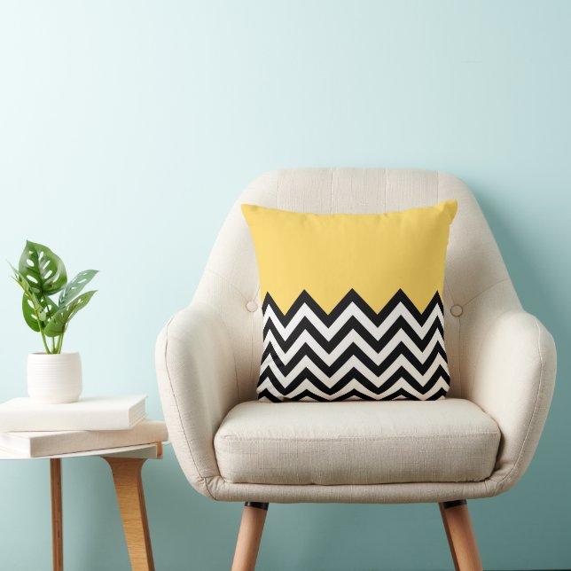 Summery Yellow White Black Zigzag Stripes Pattern Throw Pillow (Chair)