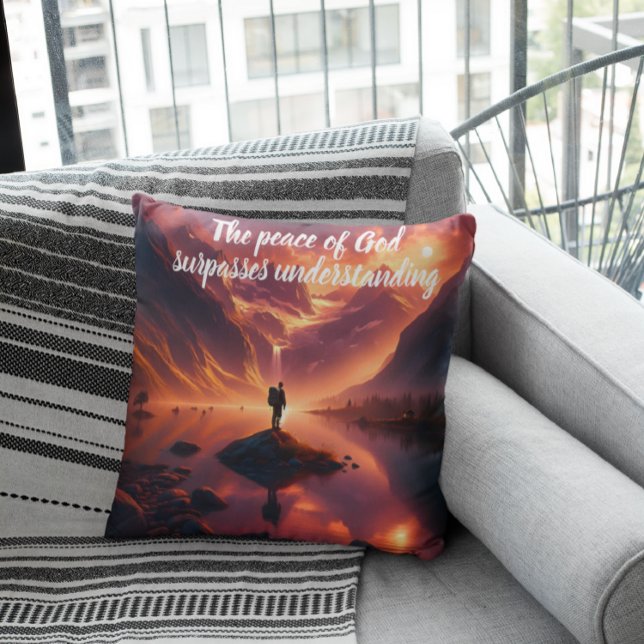Summit Serenity: Man Overlooking Mountain Lake Throw Pillow (Creator Uploaded)