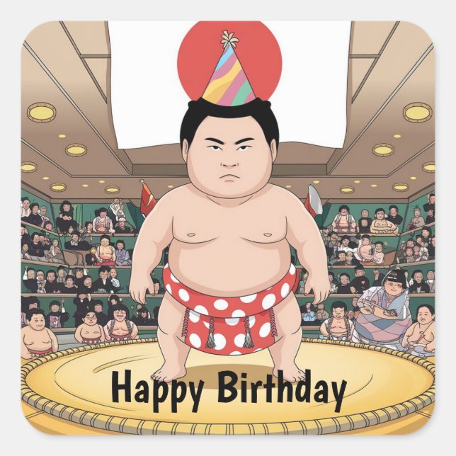 Sumo wrestler in dohy japanese flag square sticker (Front)
