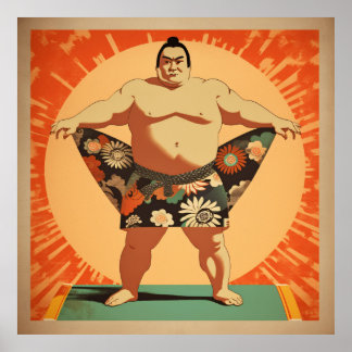 Sumo wrestlers using traditional Japanese vintage Poster