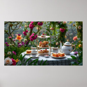 Sumptuous Afternoon Tea Setup In Garden Poster