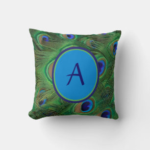 Sumptuous Peacock Feathers Monogram Throw Pillow