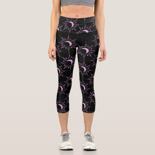 Sun 5 Scattered Black Background Capri Leggings