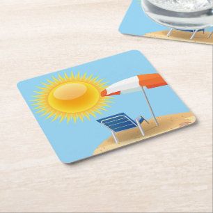Sun and Beach Umbrella Square Paper Coaster