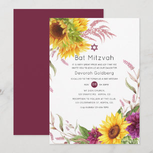 Sun and Burgundy Plum Floral Bat Mitzvah Invitation