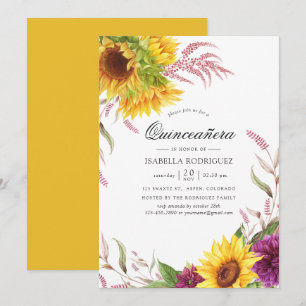 Sun and Burgundy Plum Floral Quinceañera Invitation