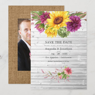 Sun and Burgundy Plum Floral Rustic Wedding Photo Save The Date
