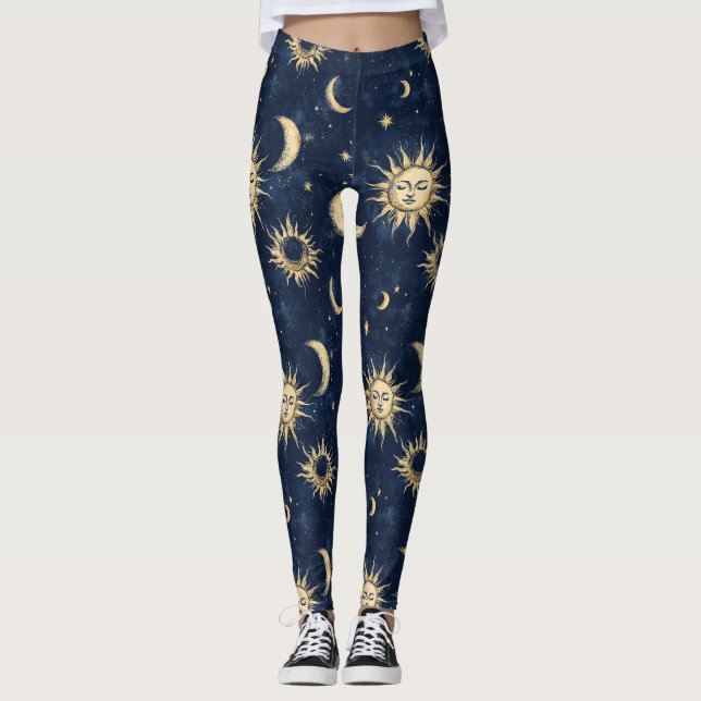 Sun and Crescent Moon Design Pattern Leggings (Front)