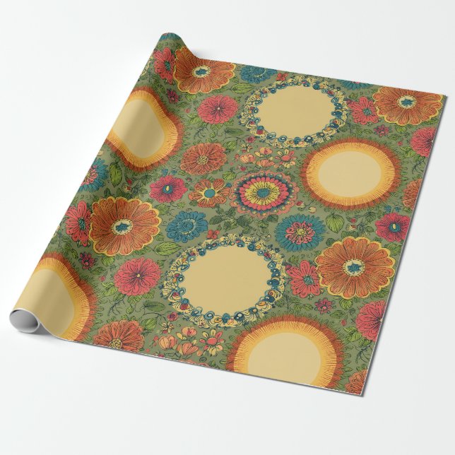 Sun and Flowers Boho Wrapping Paper (Unrolled)