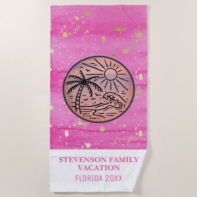 Sun and Fun Family Vacation Palm Tree Pink Gold Beach Towel (Front)