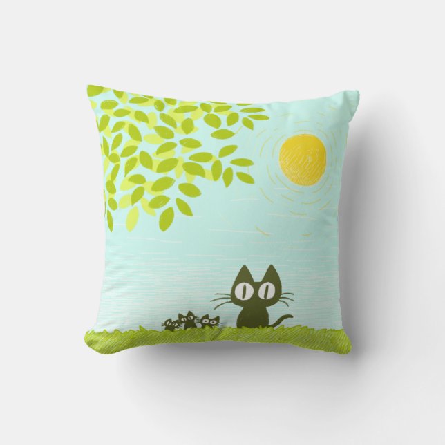 Sun and Leaves and Black Cat Throw Pillow (Front)