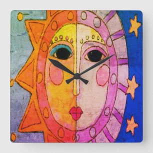 Sun and Moon Abstract Art Square Wall Clock