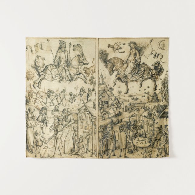 SUN AND MOON Antique Black White Astrology Drawing Tapestry (Front (Horizontal))