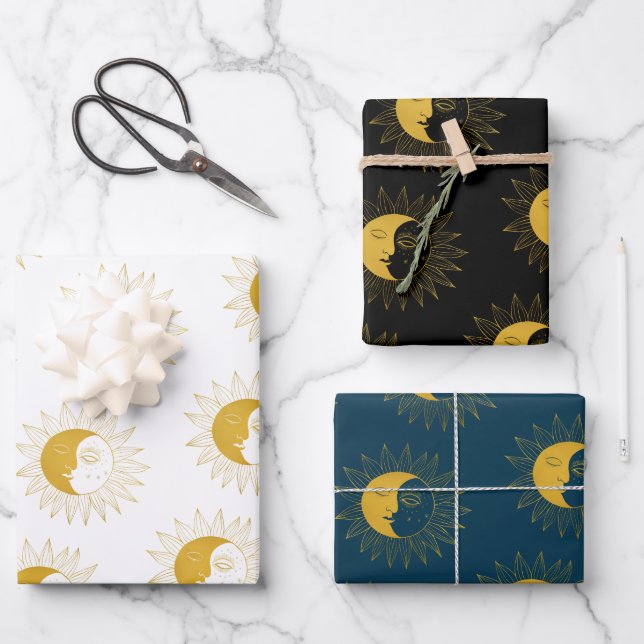 Sun and Moon Boho Line Art Golden Variety Pack  Wrapping Paper Sheet (Front)