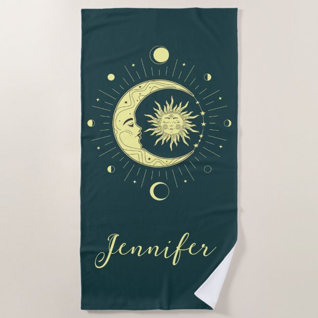 Sun and moon celestial design with moon phases beach towel (Front)