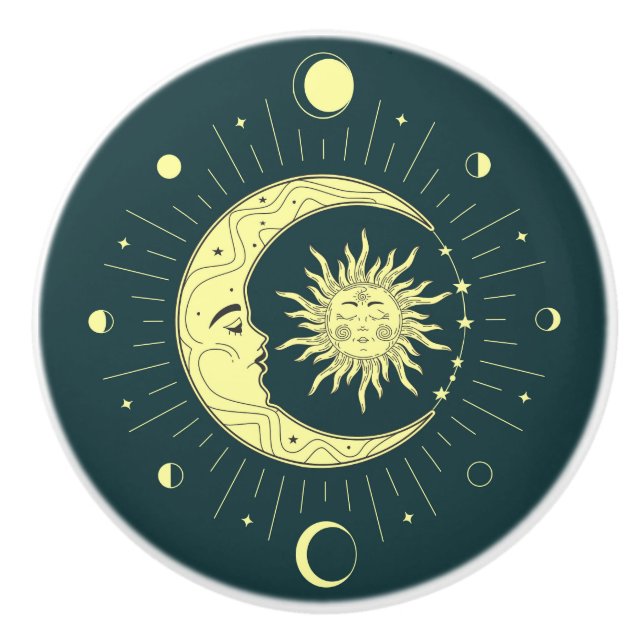 Sun and moon celestial design with moon phases ceramic knob (Front)
