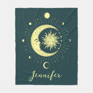 Sun and moon celestial design with moon phases fleece blanket