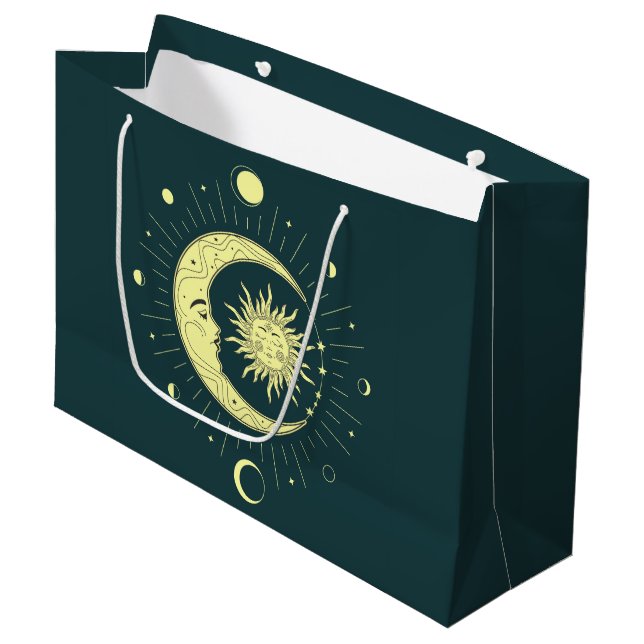 Sun and moon celestial design with moon phases large gift bag (Front Angled)