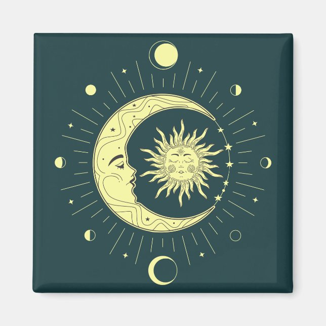 Sun and moon celestial design with moon phases magnet (Front)