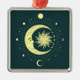 Sun and moon celestial design with moon phases metal ornament