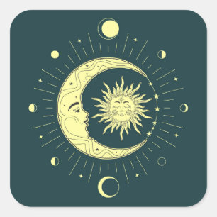 Sun and moon celestial design with moon phases square sticker