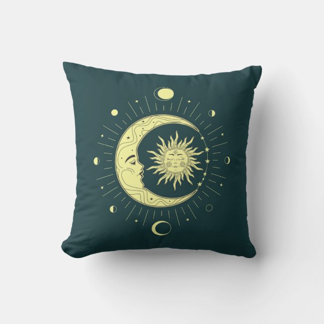 Sun and moon celestial design with moon phases throw pillow (Front)