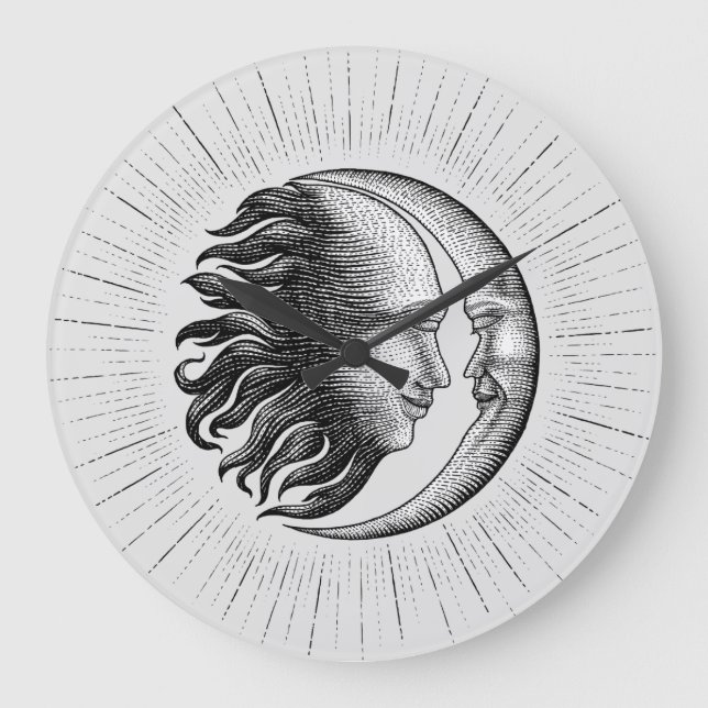 Sun and moon face hand drawing vintage engraving large clock (Front)