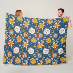 Sun and Moon Floral in Blues & Yellows Fleece Blanket