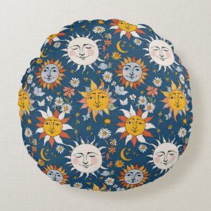 Sun and Moon Floral in Blues & Yellows Round Pillow