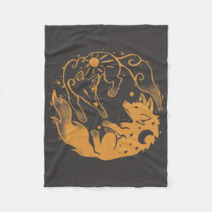 Sun and Moon Golden Wolves Fleece Blanket