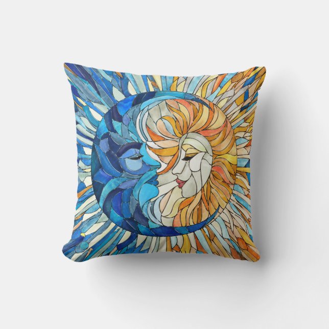 Sun and Moon Mosaic Art Throw Pillow (Front)